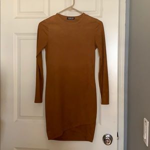 kylie jenner brown suede dress Brown Off-Shoulder Cotton Ruched Midi Dress – shopaleena main image 0
